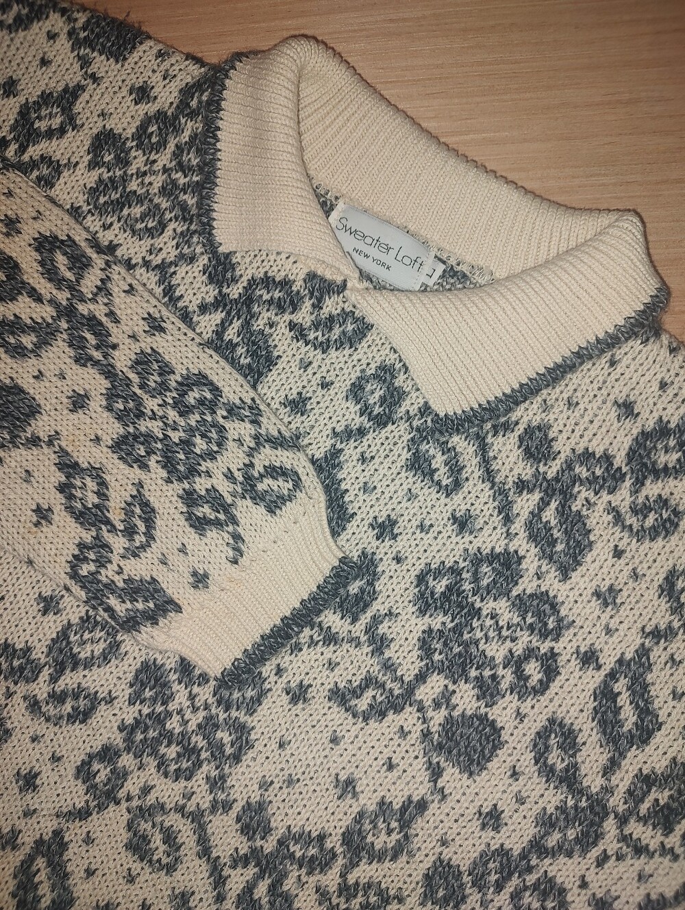 Vintage Sweater Loft USA Knit Pullover Cream Grey Floral Chunky Cotton Blend L